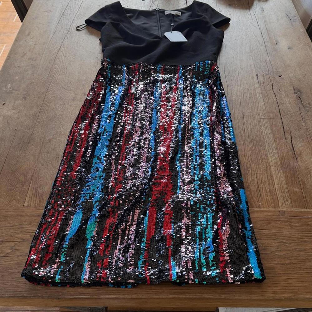 Dress the Population Dress Womens Medium Cap Sleeve Plunge Sequin Black NWT - Picture 2 of 7